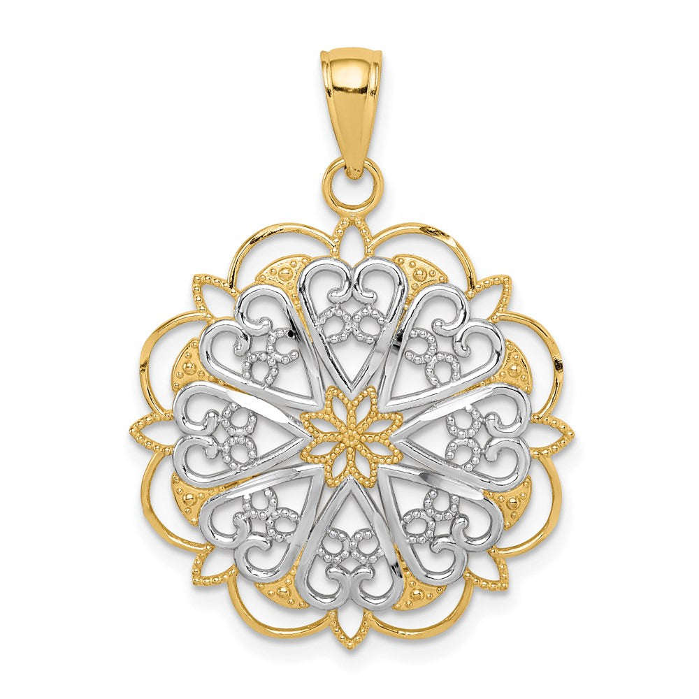 14K and White Rhodium Filigree Hearts with Scalloped Edge Pendant, 35 x 25 mm
