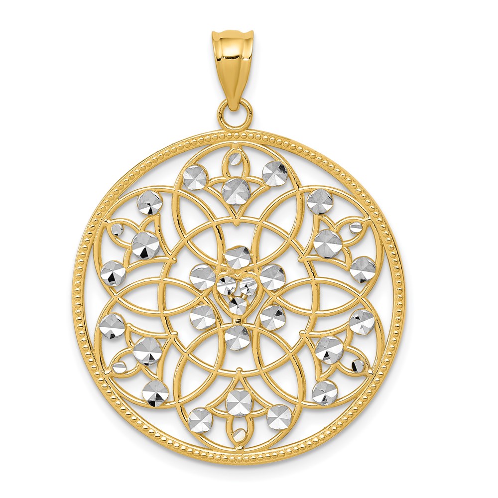 14K and White Rhodium Diamond-cut Circle Pendant, 36 x 27 mm