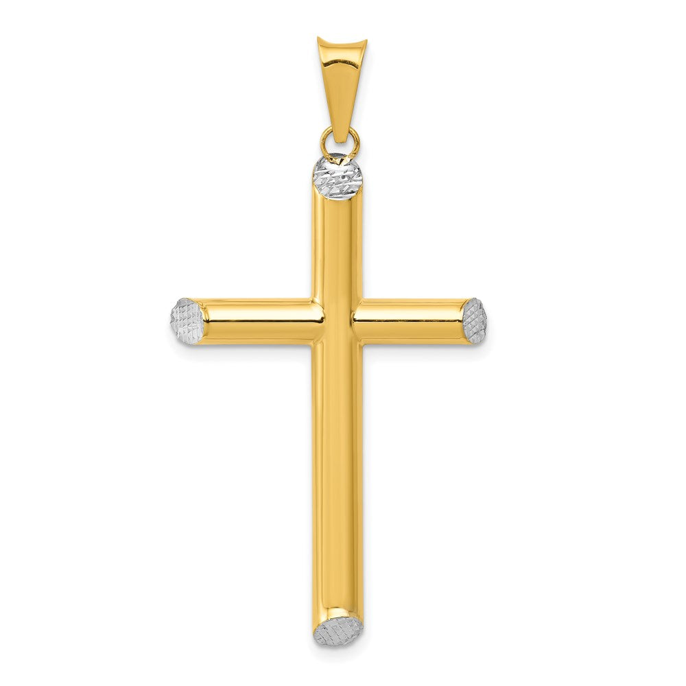 14K and White Rhodium 3-D Hollow Diamond-cut Cross Pendant, 45 x 25 mm
