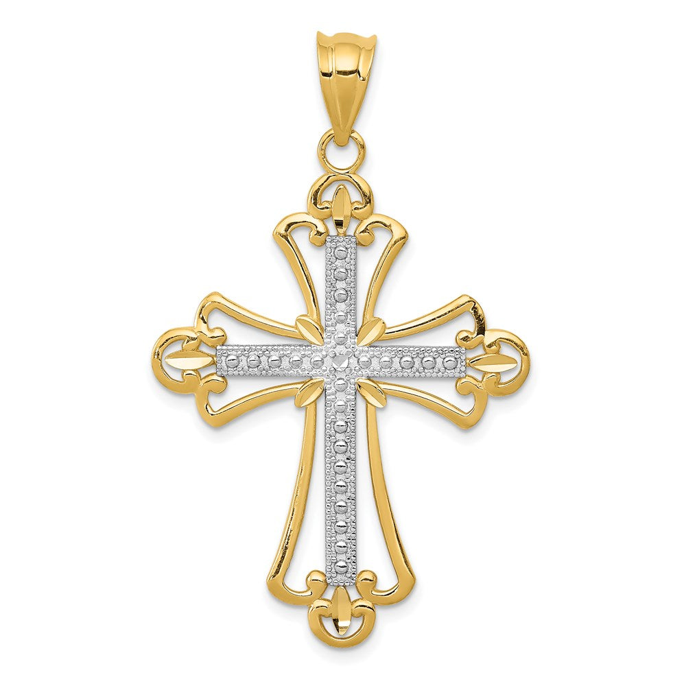 14K and White Rhodium Budded Cross Pendant, 38 x 22 mm