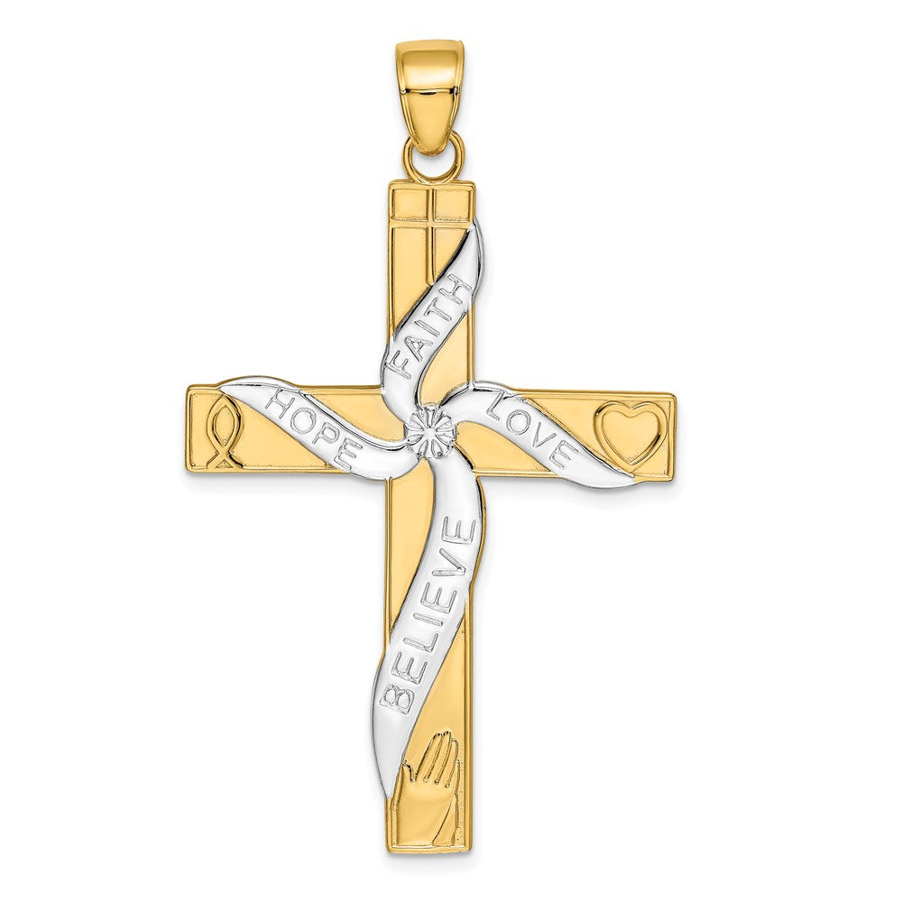 14K and White Rhodium Large HOPE FAITH LOVE BELIEVE Cross Pendant, 57 x 34 mm