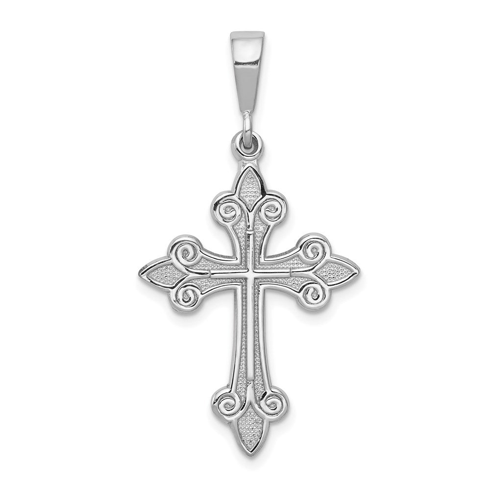 14k White Gold Fleur de Lis Cross Pendant, 40 x 22 mm