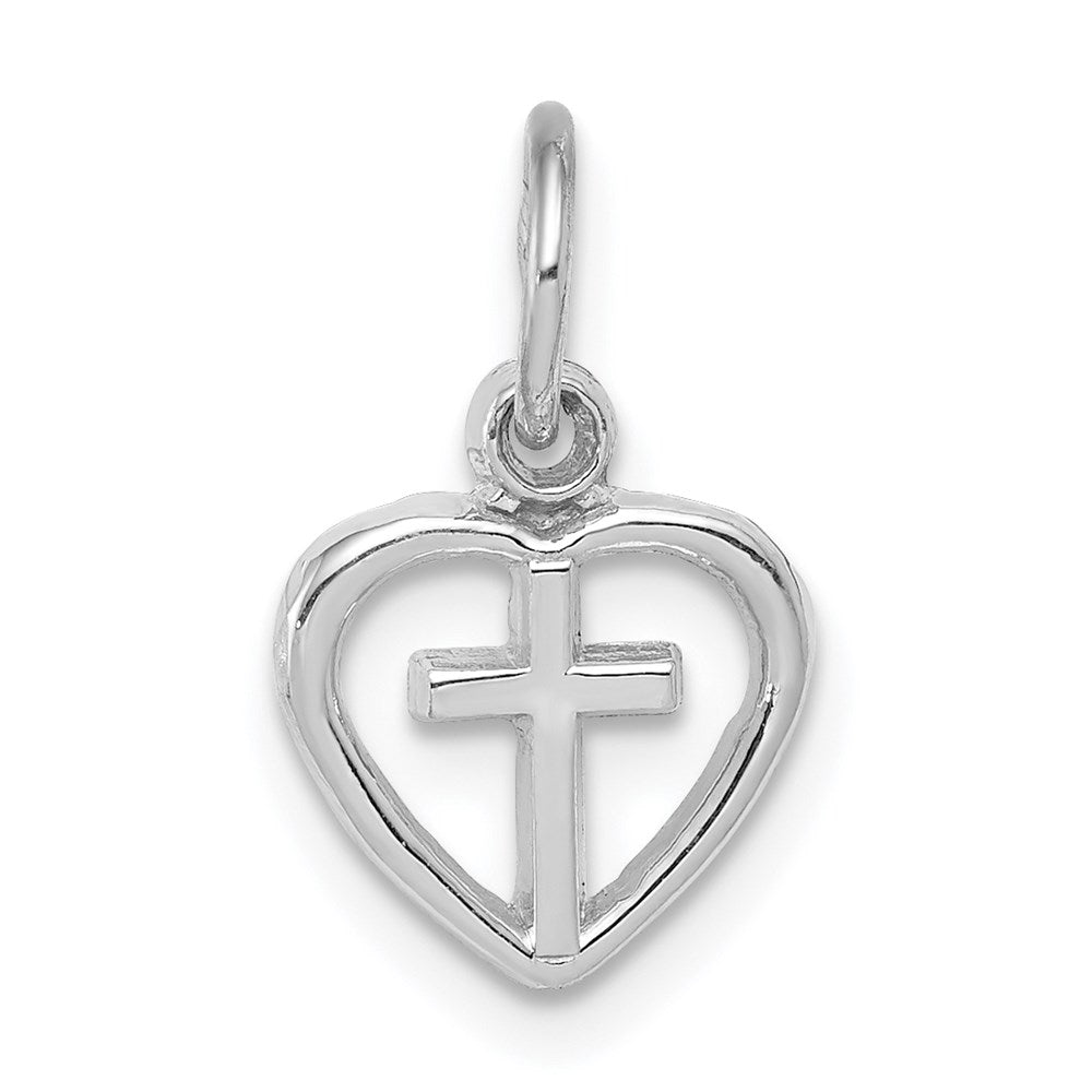14k White Gold Small Cross in Heart Charm, 16 x 10 mm
