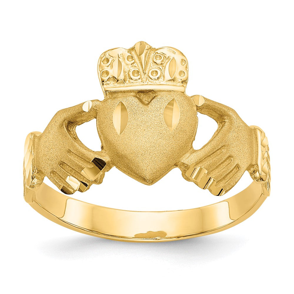 14K Mens Satin Diamond-cut Claddagh Ring, Size 10