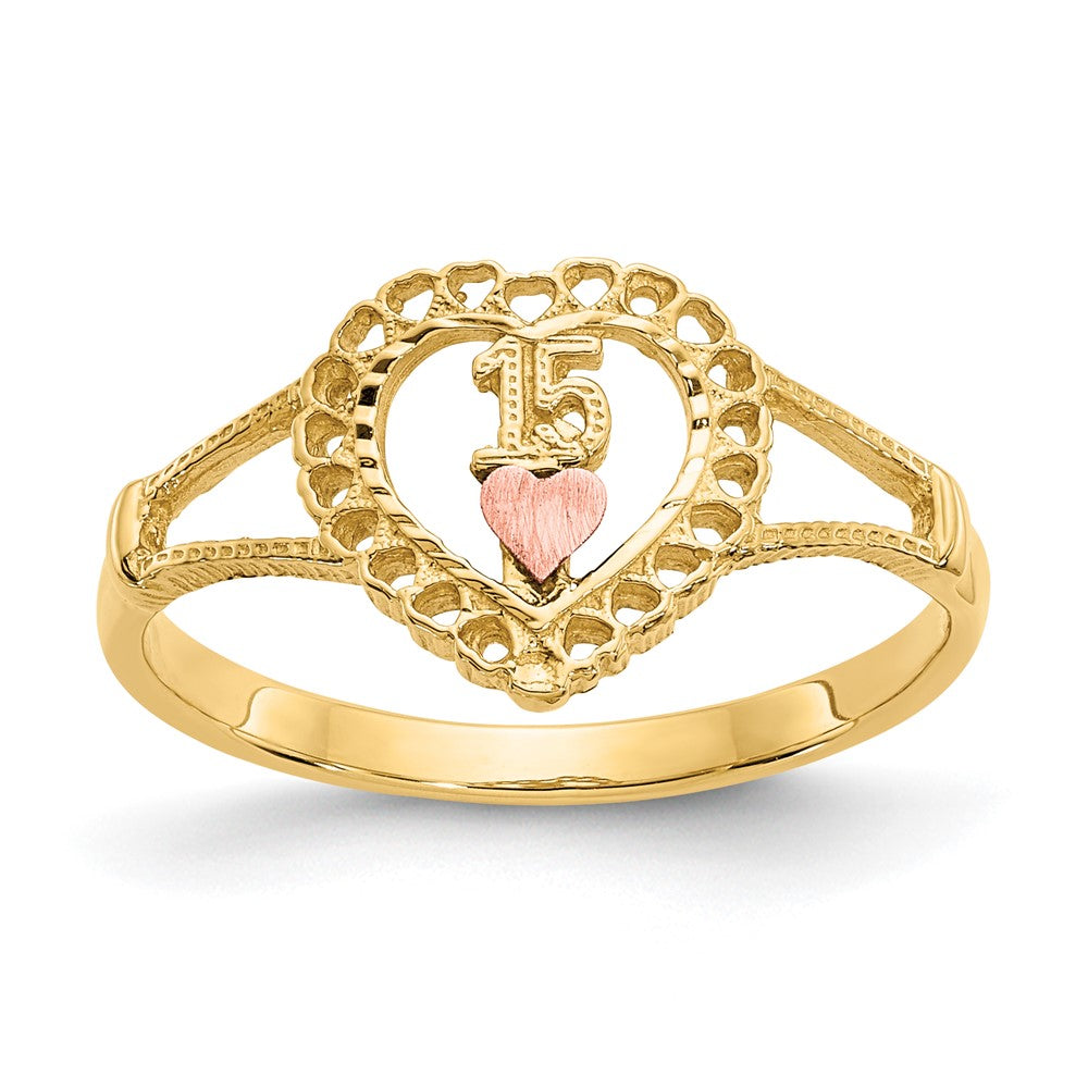 14K Two-tone Quinceanera 15 in Heart Ring, Size 6