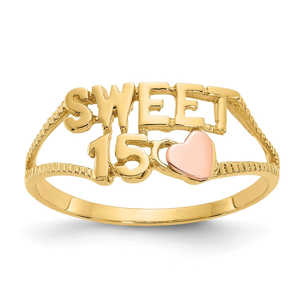 14K Two-tone Quinceanera SWEET 15 Heart Ring, Size 6