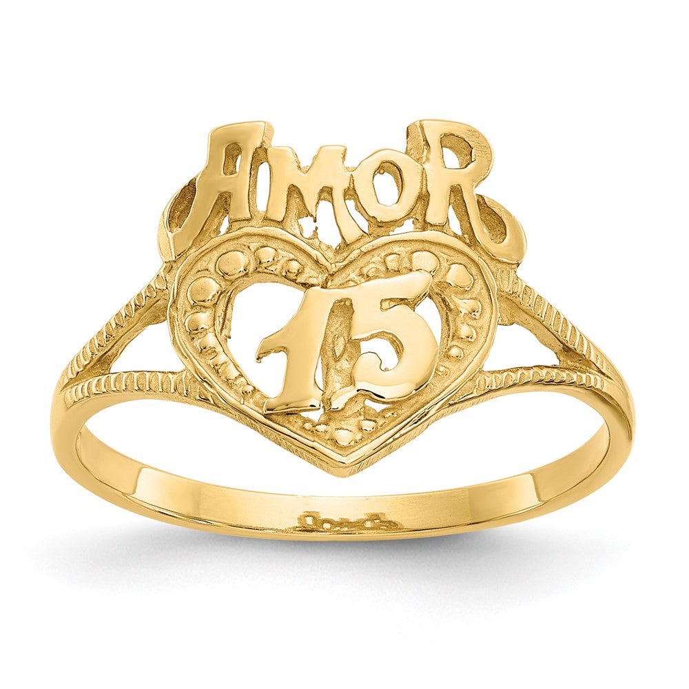 14K Quinceanera AMOR 15 Heart Ring, Size 6
