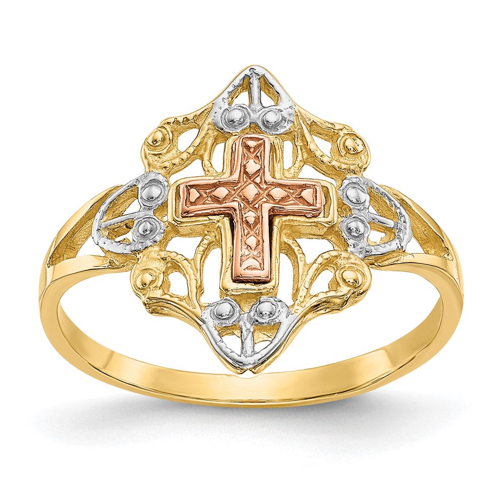 14K Two-tone with White Rhodium Cross Ring, Size 7