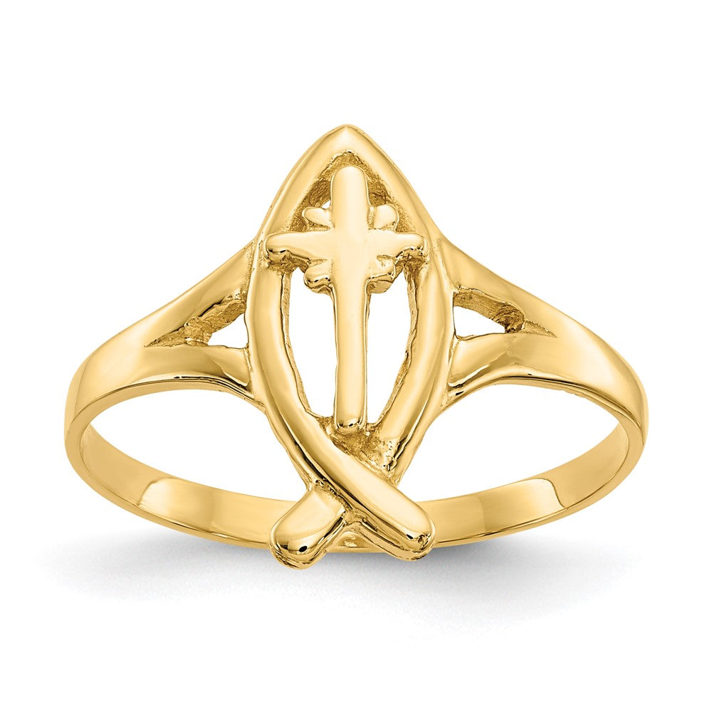 14k Ichthus with Cross Ring, Size 6
