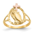 14K Two-tone Diamond Cut Praying Hands with Cross Ring, Size 6