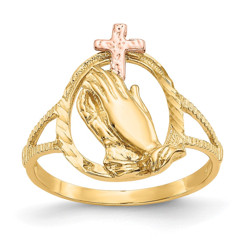 14K Two-tone Diamond Cut Praying Hands with Cross Ring, Size 6