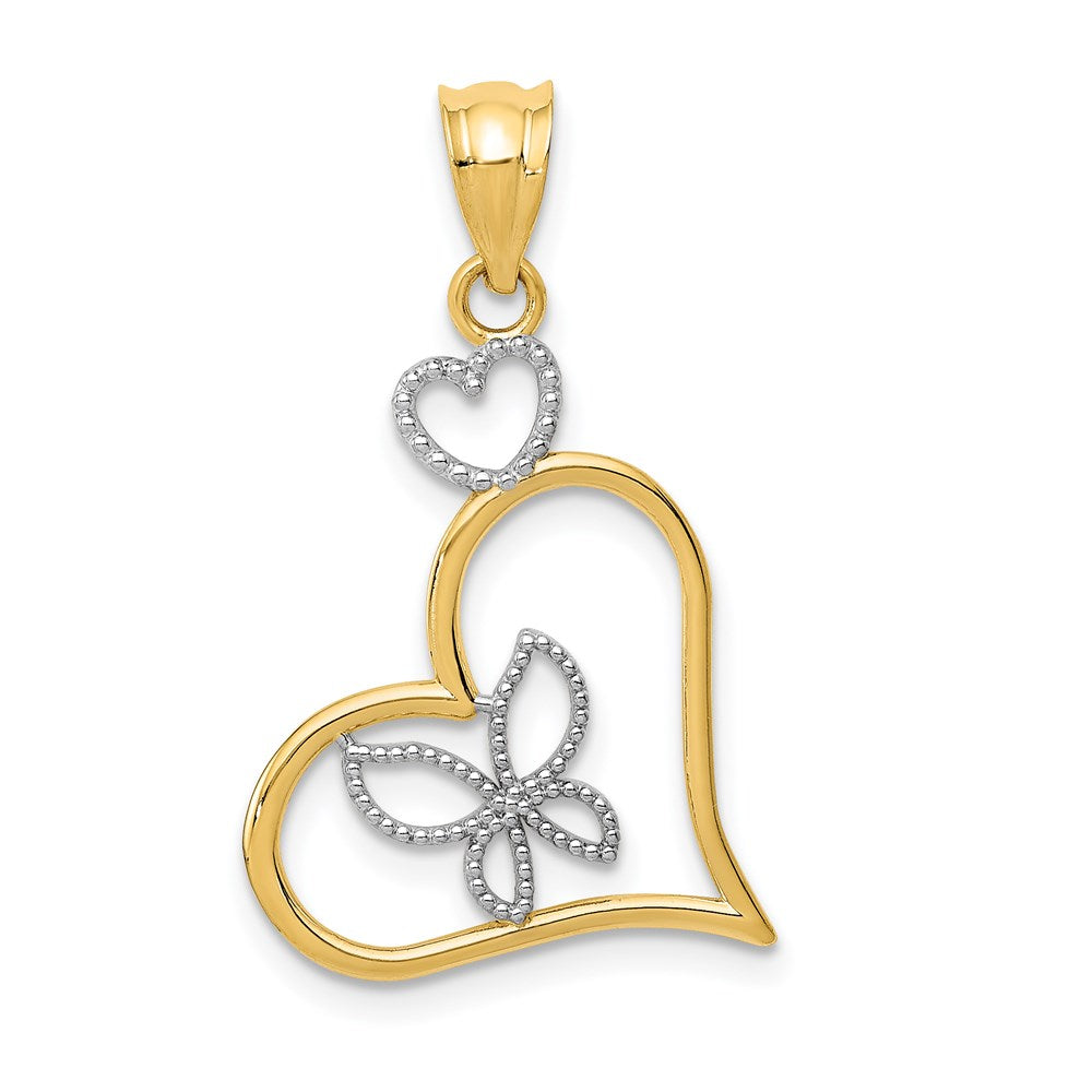 14k and White Rhodium Butterfly in Heart Pendant, 27 x 15 mm