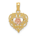 14K Two-tone Polished Flower in Fancy Border Heart Pendant, 19 x 12 mm