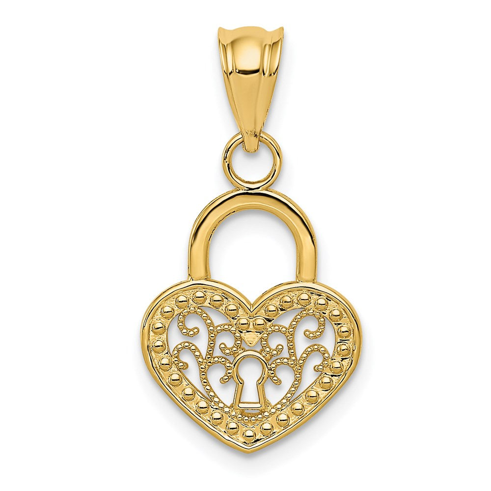 14K Polished Filigree Heart Lock Charm, 22 x 12 mm