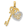 14K and White Rhodium Moveable Filigree Heart Key and Lock Charm, 26 x 12 mm