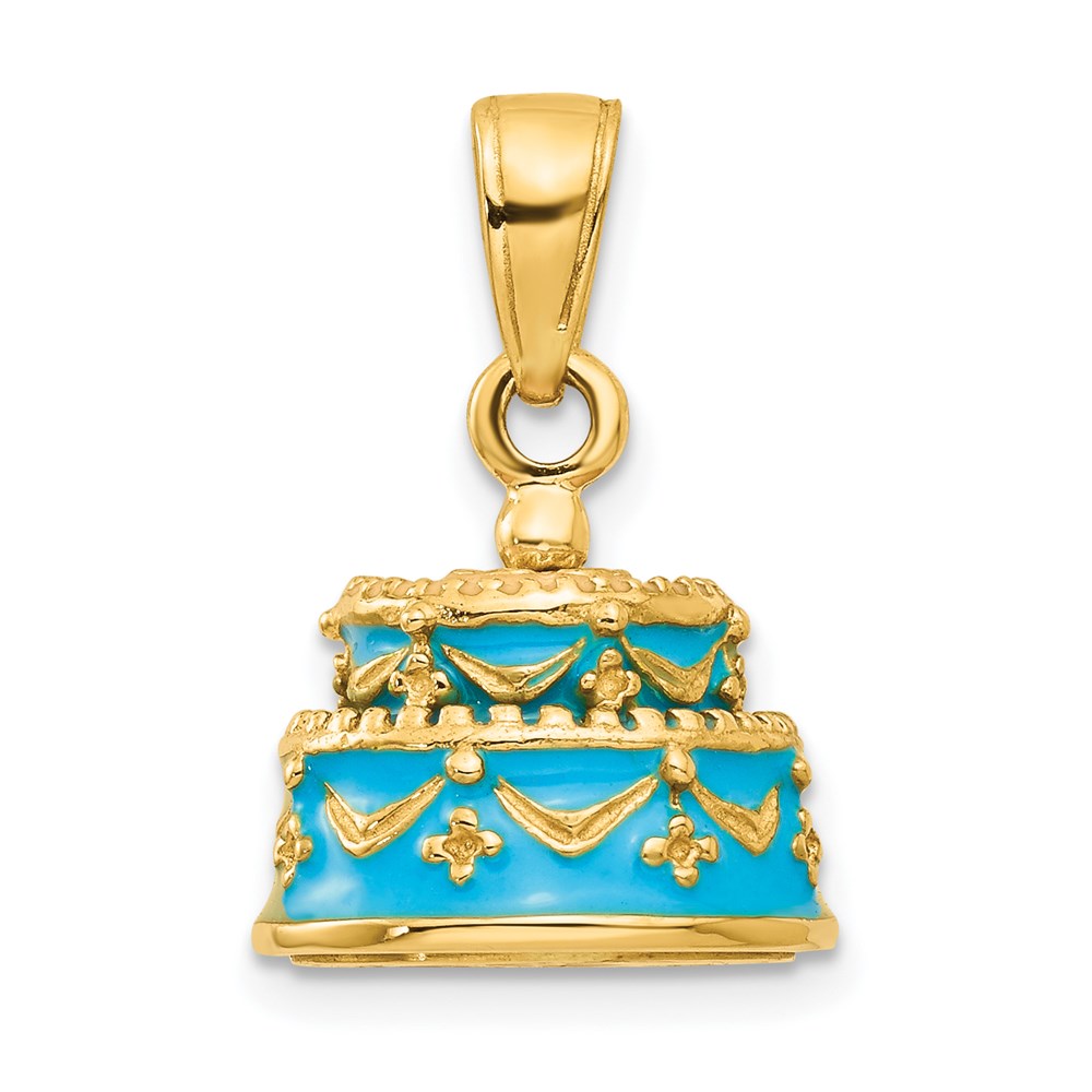 14K 3-D Aqua Blue Enameled HAPPY BIRTHDAY Cake Pendant, 19 x 13 mm