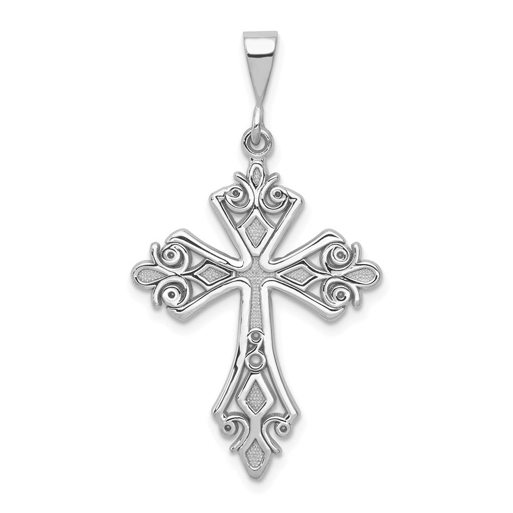 14k White Gold Fleur De Lis Cross Pendant, 39 x 20 mm