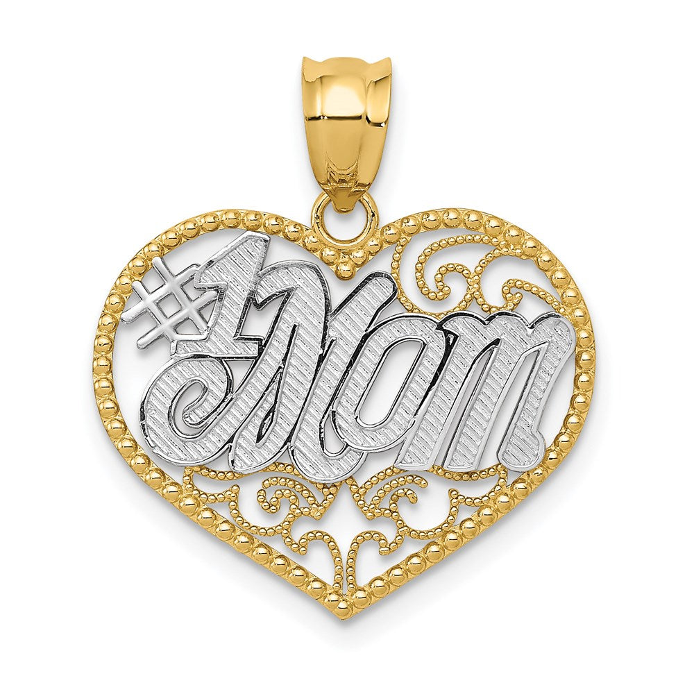 14k and White Rhodium Filigree #1 MOM Heart Pendant, 22 x 25 mm