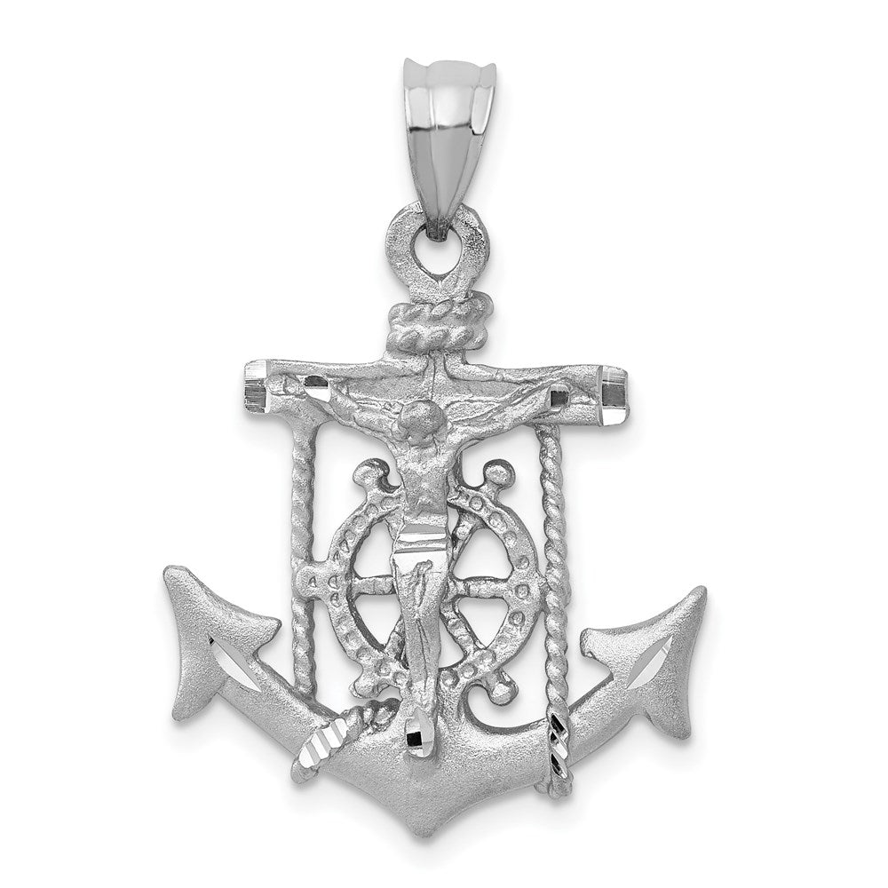 14k White Gold Satin Diamond-cut Mariners Crucifix Pendant, 31 x 22 mm