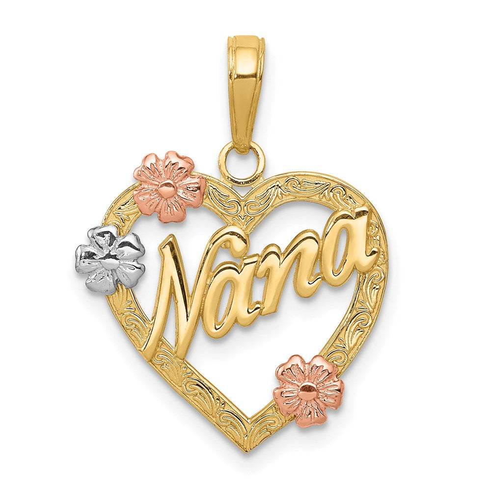 14K Tri-color NANA in Heart with Flowers Pendant, 21 x 17 mm