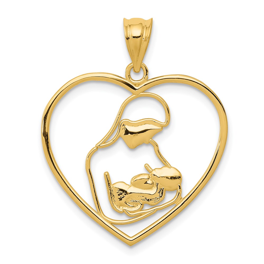 14k Mother and Child in Heart Pendant, 27 x 23 mm