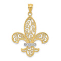 14k and Rhodium Filigree Fleur de Lis Pendant, 40 x 25 mm