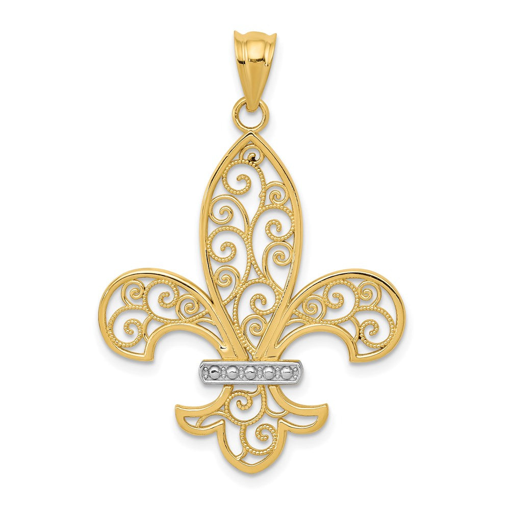 14k and Rhodium Filigree Fleur de Lis Pendant, 40 x 25 mm