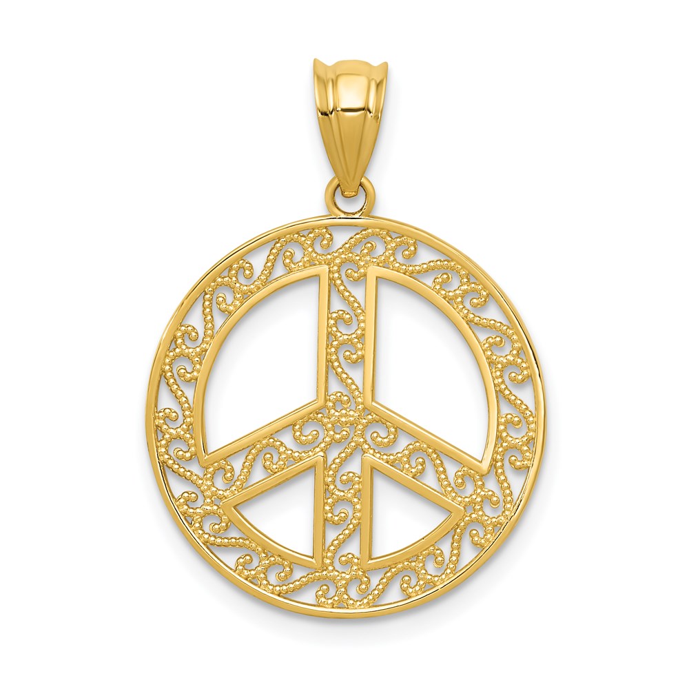 14k Filigree Peace Sign Pendant, 25 x 20 mm