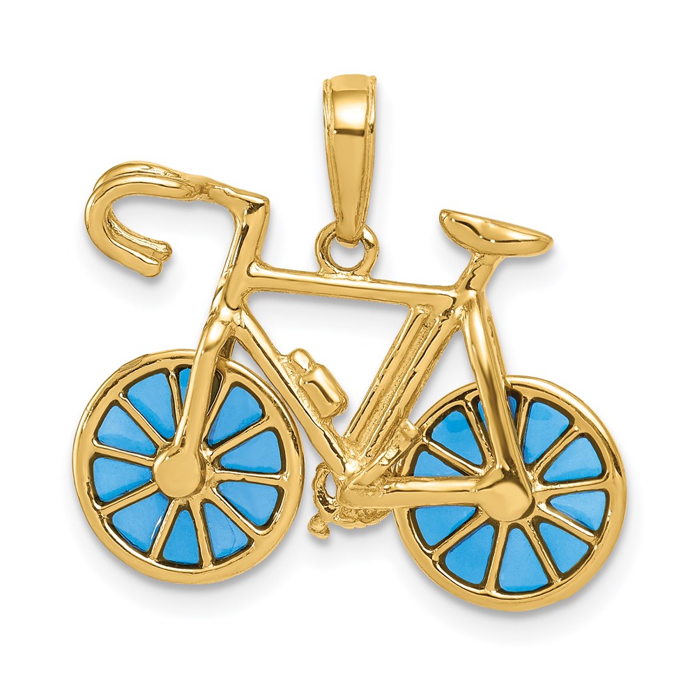 14K 3-D Blue Enameled Bicycle with Moveable Wheels Pendant, 18 x 23 mm