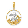 14K and White Rhodium Double Dolphins In Circle Pendant, 22 x 15 mm