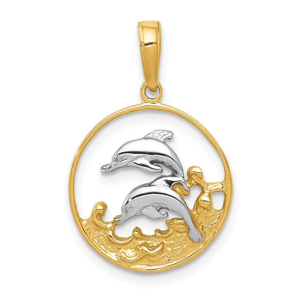 14K and White Rhodium Double Dolphins In Circle Pendant, 22 x 15 mm