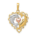 14K Two-Tone with White Rhodium Dolphins In Heart Pendant, 26 x 19 mm