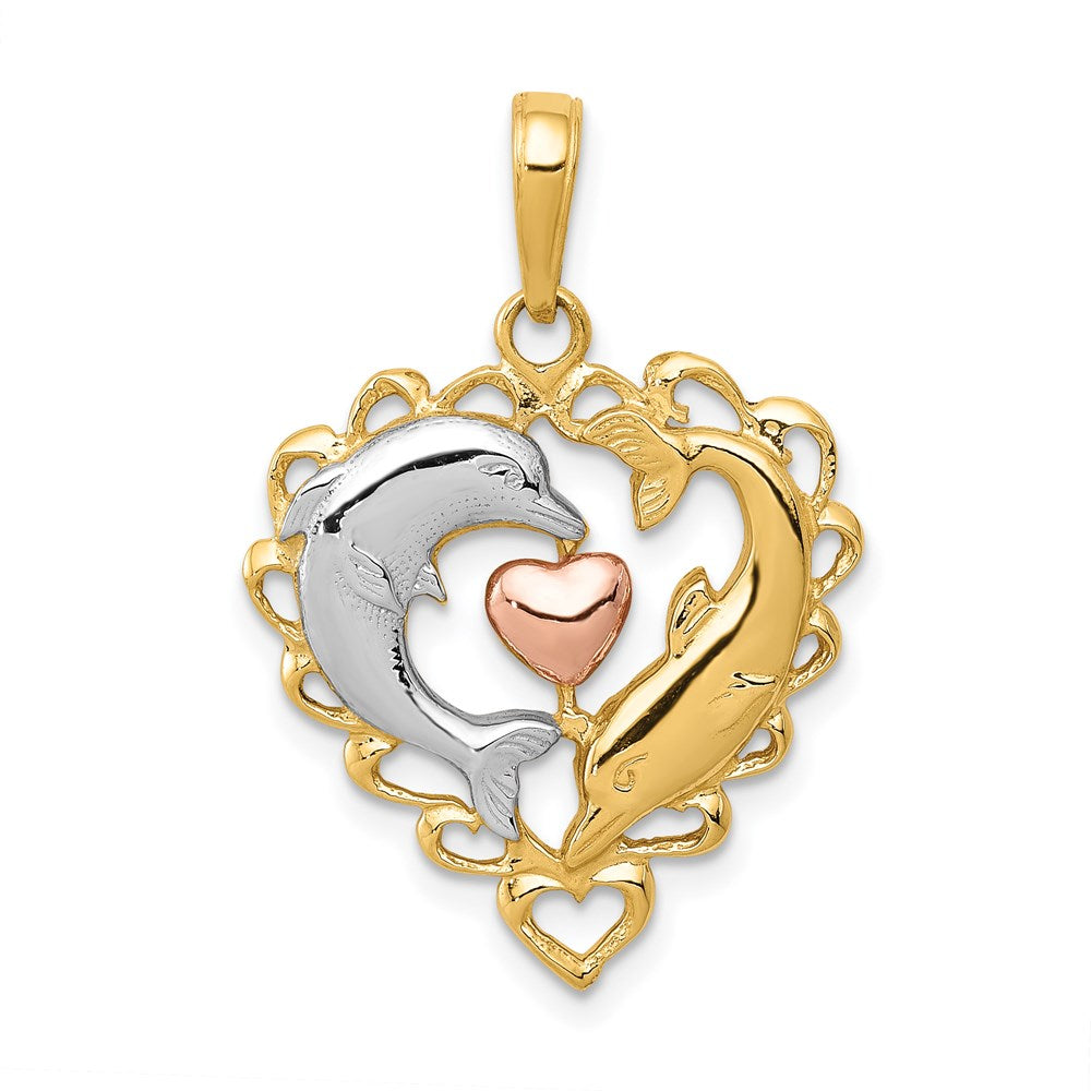 14K Two-Tone with White Rhodium Dolphins In Heart Pendant, 26 x 19 mm