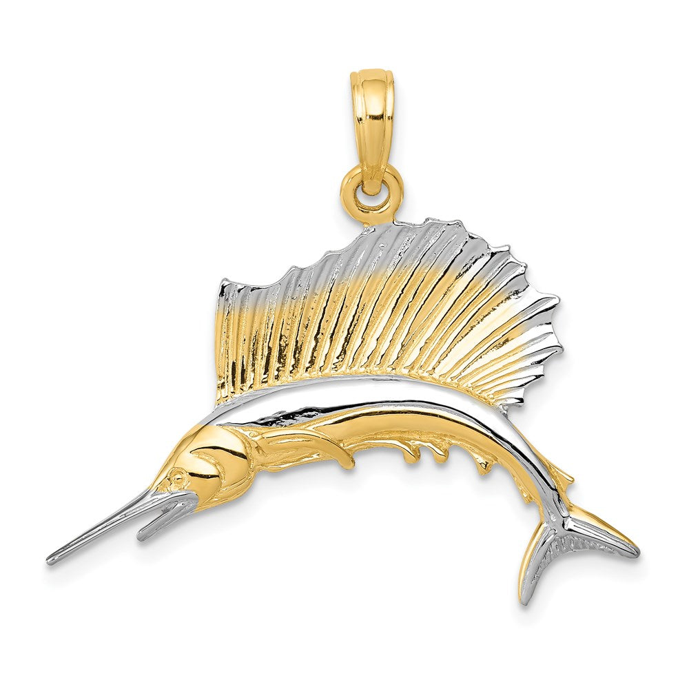 14K and White Rhodium Sailfish Pendant, 29 x 30 mm