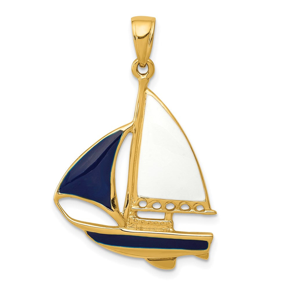 14K 2-D Blue and White Enameled Sailboat Pendant, 33 x 21 mm