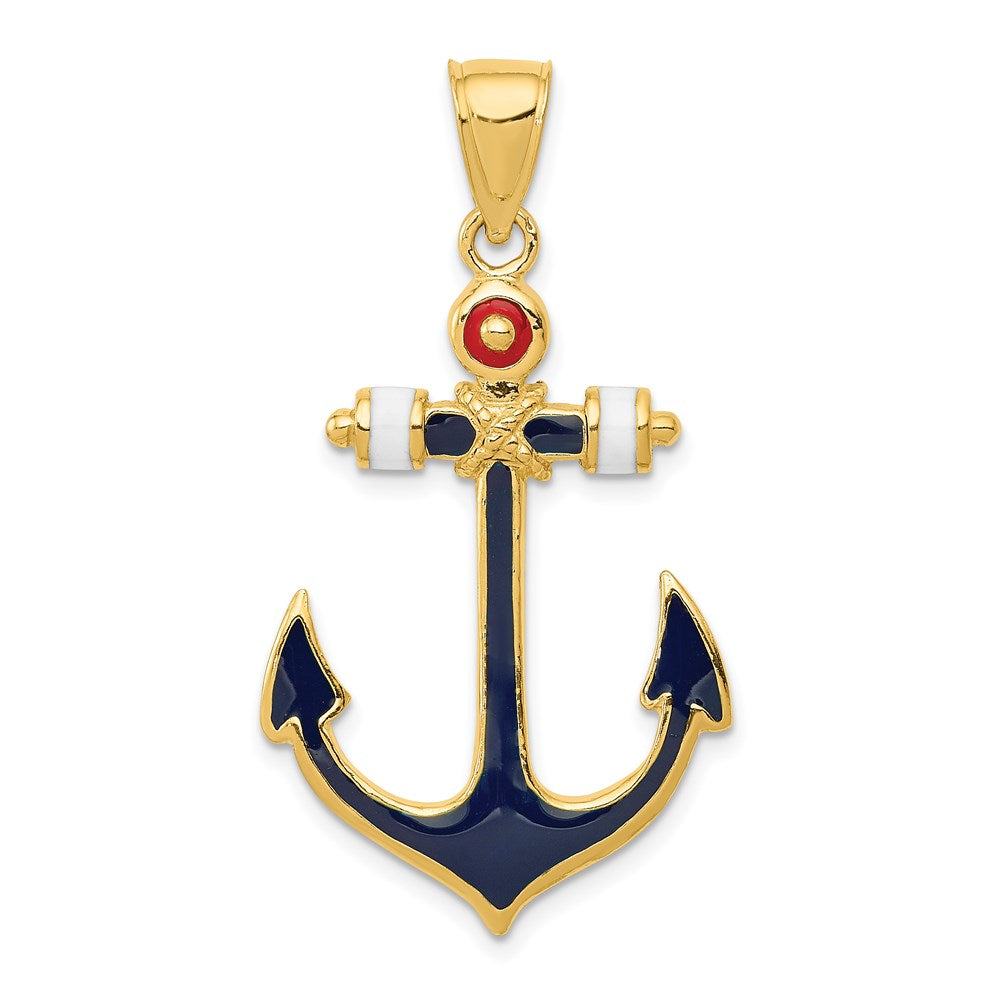 14K 2-D Red White and Blue Enameled Anchor Pendant, 39 x 21 mm