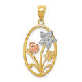 14k Two-tone with White Rhodium Diamond-cut Oval Floral Pendant, 29 x 15 mm
