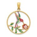 14K Enameled Hummingbird and Flower in Circle Pendant, 31 x 23 mm