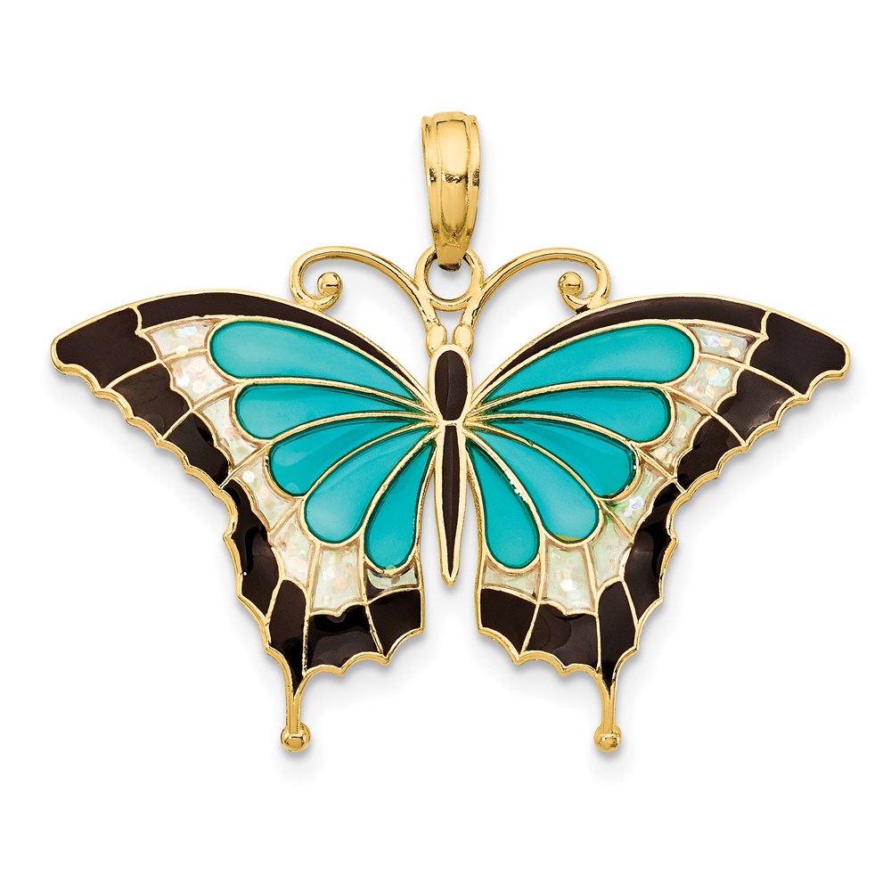 14K Blue Enameled Butterfly Pendant, 24 x 31 mm