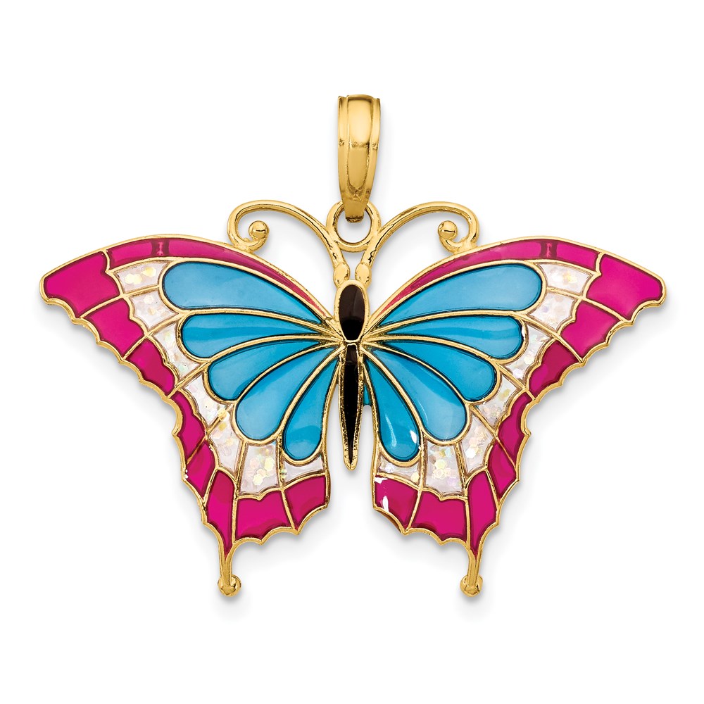14K Blue and Red Enameled Butterfly Pendant, 24 x 31 mm