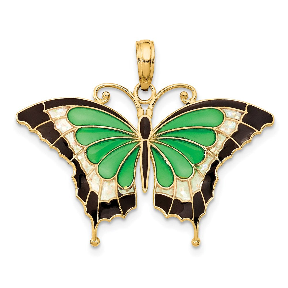 14K Green Enameled Butterly Pendant, 24 x 31 mm