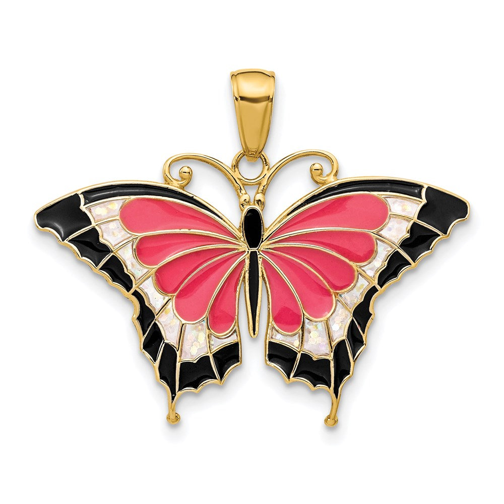 14K Pink Enameled Butterfly Pendant, 24 x 31 mm