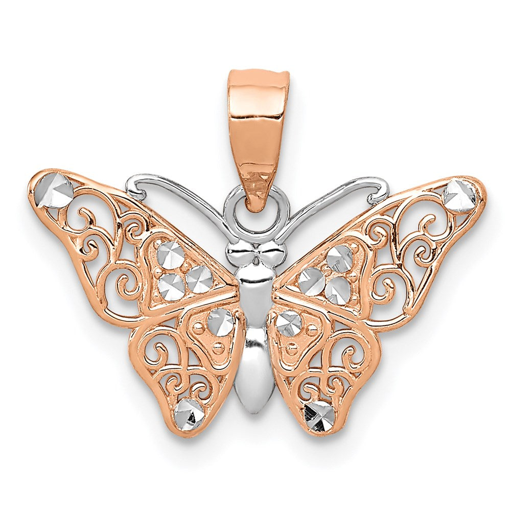 14k Rose Gold with White Rhodium Diamond-cut Butterfly Pendant, 14 x 18 mm