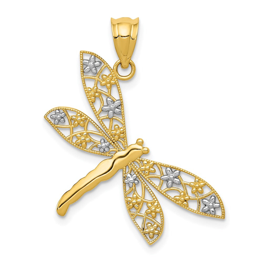 14k and White Rhodium Filigree Dragonfly Pendant, 28 x 25.5 mm