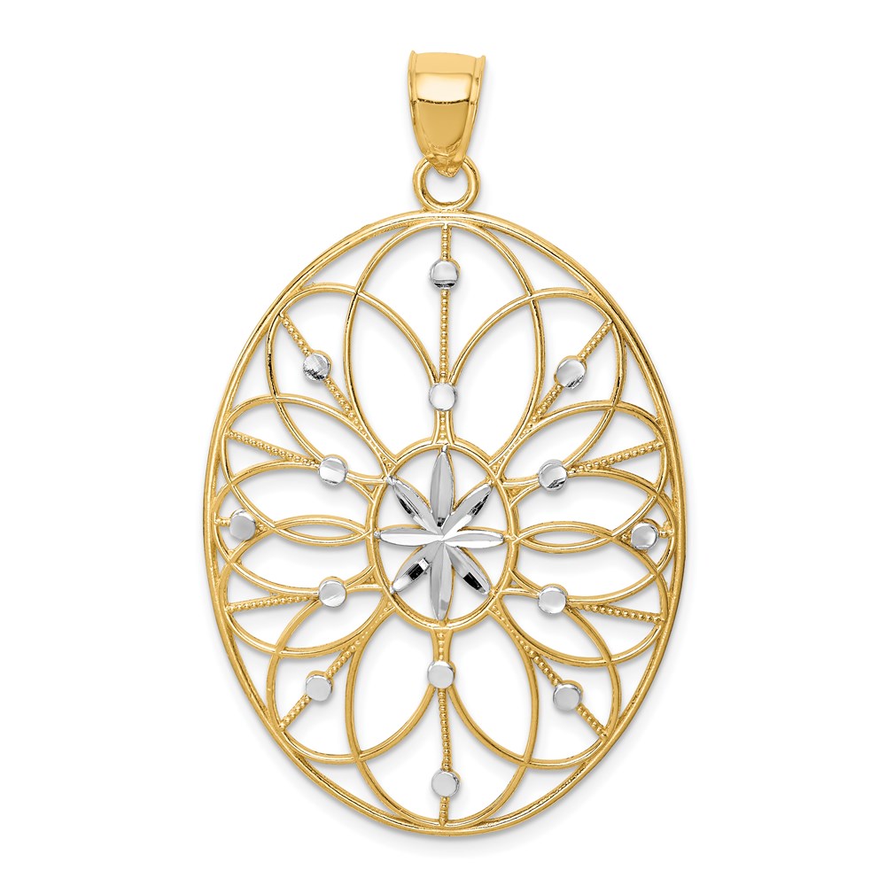 14k and  White Rhodium Floral Filigree Medallion Pendant, 50 x 30 mm