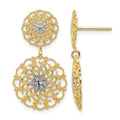 14K and White Rhodium Diamond-cut Filigree Medallion Drop Post Earrings, 27 x 14 mm
