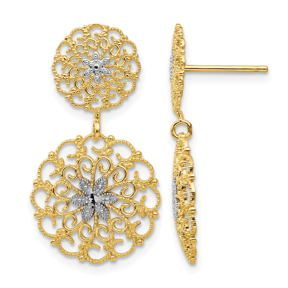 14K and White Rhodium Diamond-cut Filigree Medallion Drop Post Earrings, 27 x 14 mm