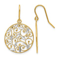 14K and White Rhodium Diamond-cut Filigree Circle Dangle French Hook Earrings, 32 x 18 mm