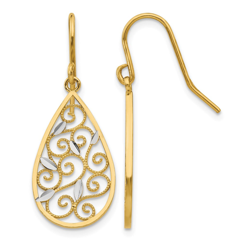 14K and White Rhodium Diamond-cut Filigree Teardrop Dangle French Hook Earrings, 32 x 12 mm