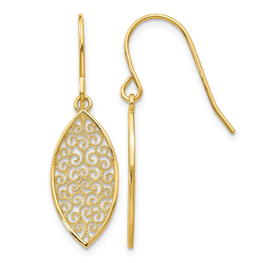 14k Fancy Filigree Pointed Oval Dangle French Hook Earrings, 27 x 8 mm